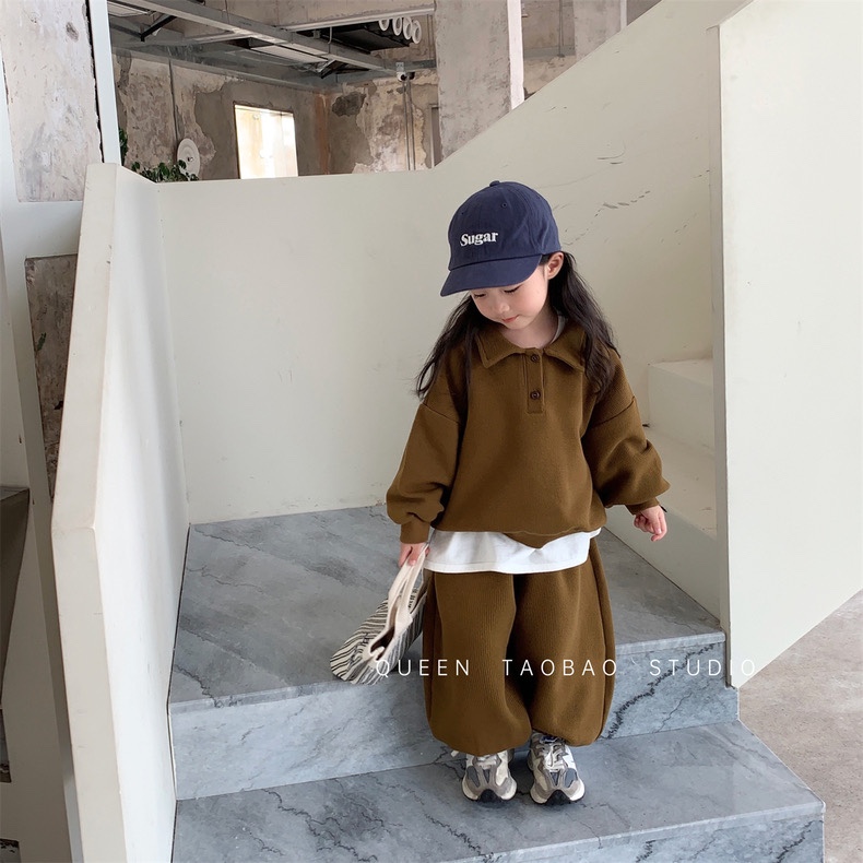 儿童2023秋季新品女童纯色华夫格运动套装宝宝百搭卫衣卫裤两件套