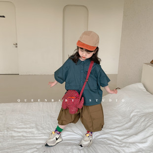 新品 上衣 女童純色休閑短袖 兒童襯衫 襯衣男童夏季 半袖 韓版 翻領(lǐng)工裝