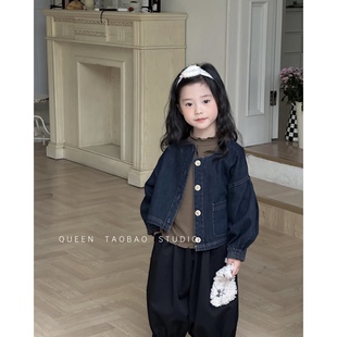 寶寶洋氣短款 長袖 女童復(fù)古牛仔外套2024秋季 夾克開衫 新品 韓國童裝