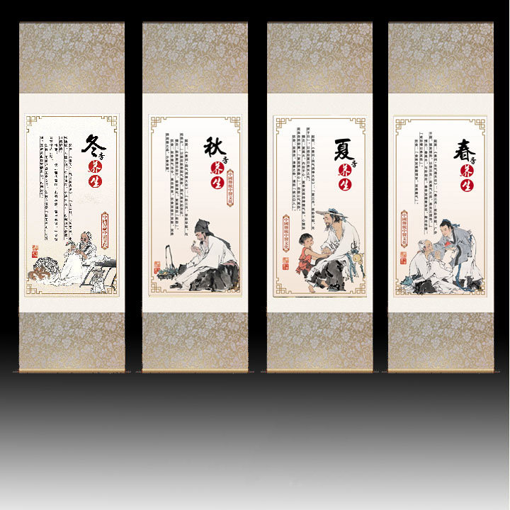 四季养生春夏秋冬华佗挂画中医养生卷轴丝绸装饰画风水字画国画