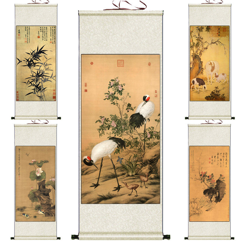 仿古名家山水花鸟挂画齐白石虾唐寅风竹图郎世宁花阴双鹤图风水画