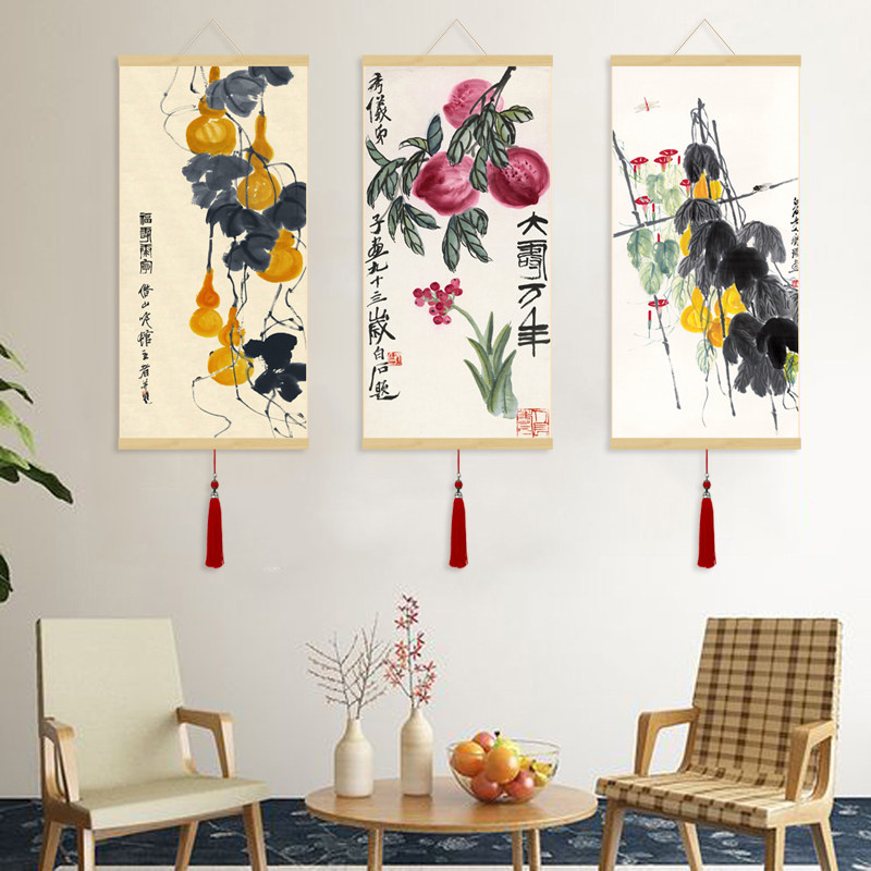 齐白石实木挂轴新中式卷轴画葫芦寿桃富贵长寿花鸟挂画客厅宣贯画