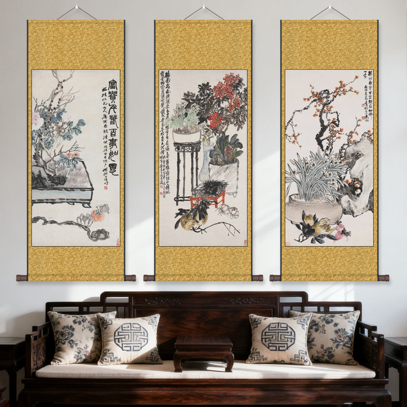 梅花字画花鸟画丝绸卷轴画挂画国画办公室装饰画清代画岁朝清供图