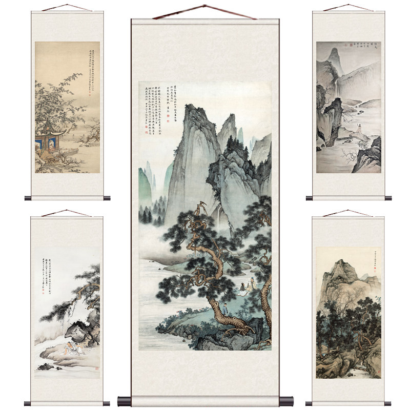 名家高清复制卷轴挂画陈少梅山水花鸟人物画梅花仕女图松泉风水画