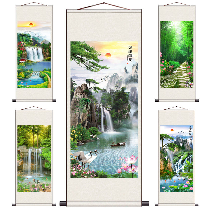 山水画字画招财竖版风水靠山卷轴挂画背景墙丝绸画客厅图装饰国画