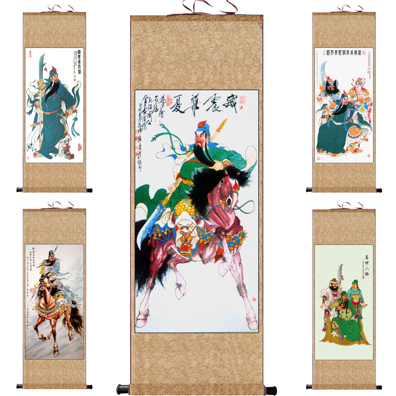 骑马大刀关羽宣纸卷轴画丝绢字画关公画玄关装饰画办公室挂画定制