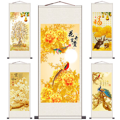 发财树玄关玉兰孔雀花鸟名家字画