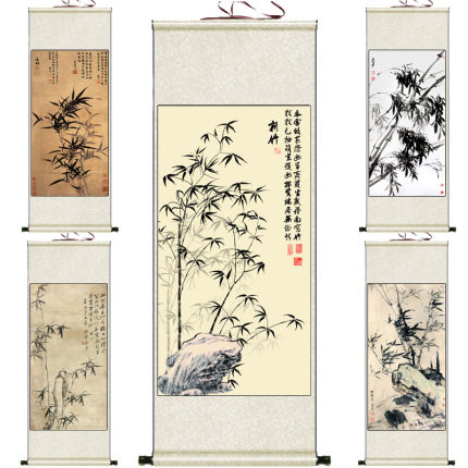 丝绸卷轴画国画竹子挂画谢稚柳墨竹图开业礼品玄关装饰风水画定制