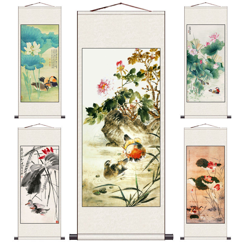 荷花鸳鸯家居花鸟挂画办公室茶楼装饰画风水挂画国画丝绸画礼品画