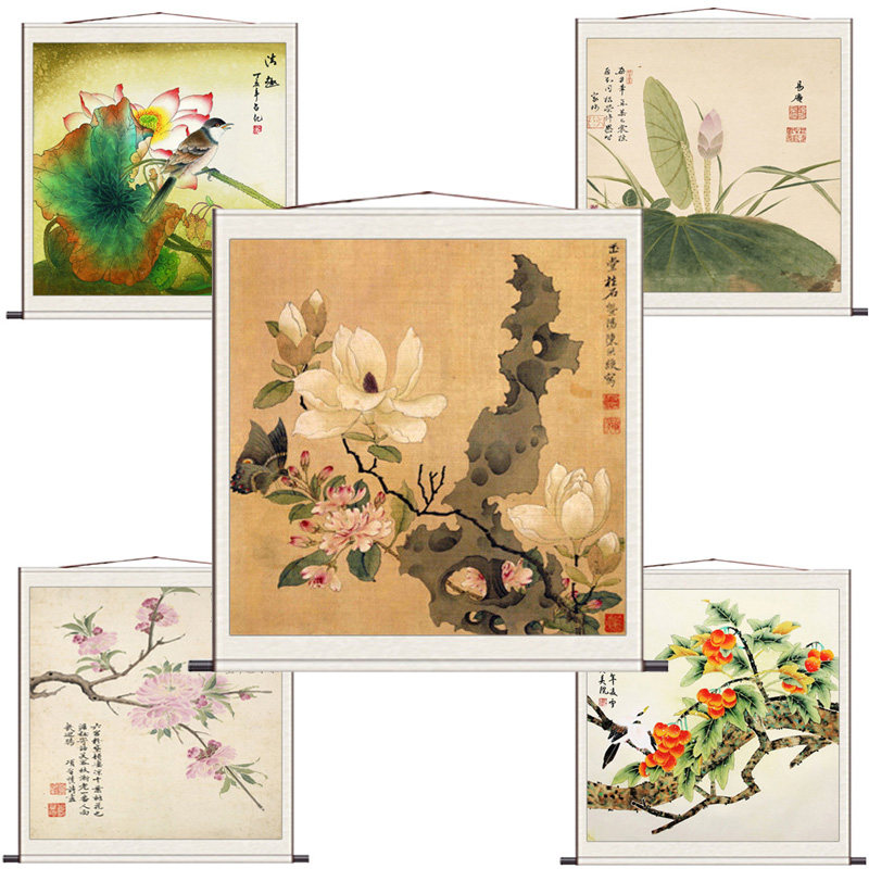 富贵牡丹花鸟画国画条幅卷轴画丝绸礼品送客户斗方字画茶楼装饰画
