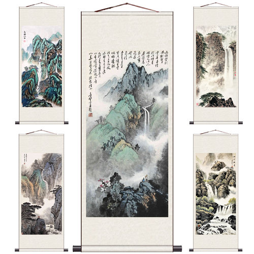 国画山水家居装饰挂画山水画庐山飞瀑图招财山水玄关挂画流水生财