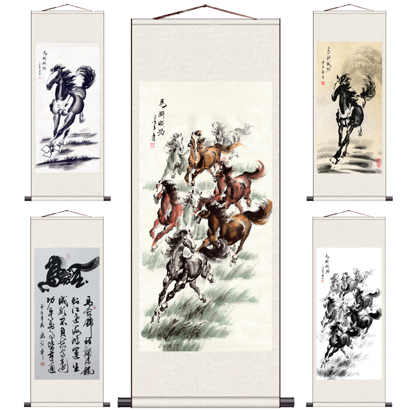马到成功风水动物字画吉祥如意丝绸挂画办公室装饰画玄关字画定制图片