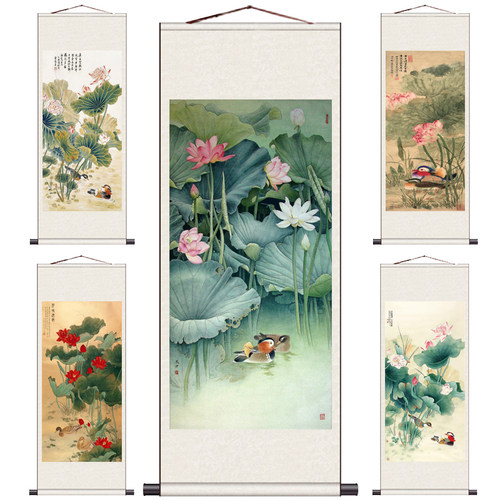 荷花鸳鸯办公室书房装饰画卧室挂画风水丝绸画卷轴画水墨荷花壁画