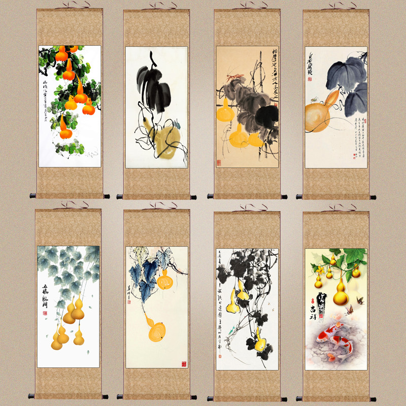 招财吉祥如意葫芦挂画齐白石花鸟挂画五福临门玄关风水卷轴画定制