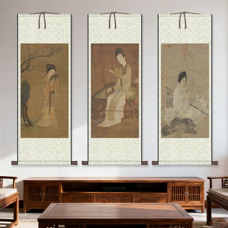 丝绸画卷轴画名家字画办公室装饰画仙女图蕉林酌酒图定制尺寸山水