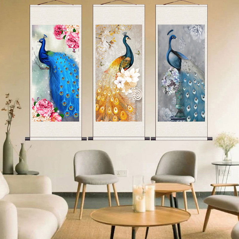 孔雀卷轴画竖幅花鸟挂画富贵吉祥牡丹孔雀家居装饰画丝绸画玄关画