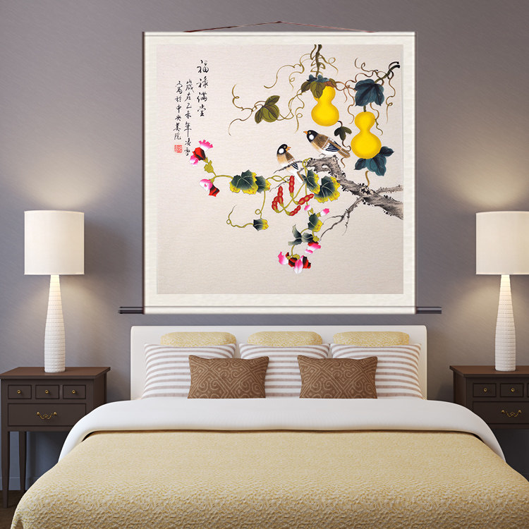 方形挂画丝绸画风水纳福玄关字画家居装饰画福禄满堂斗方精品花鸟