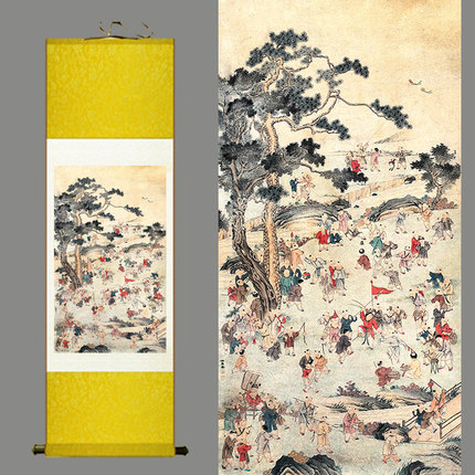 百子图好运纳福画家族兴旺子孙繁荣丝绸画卷轴画礼品画家居挂画