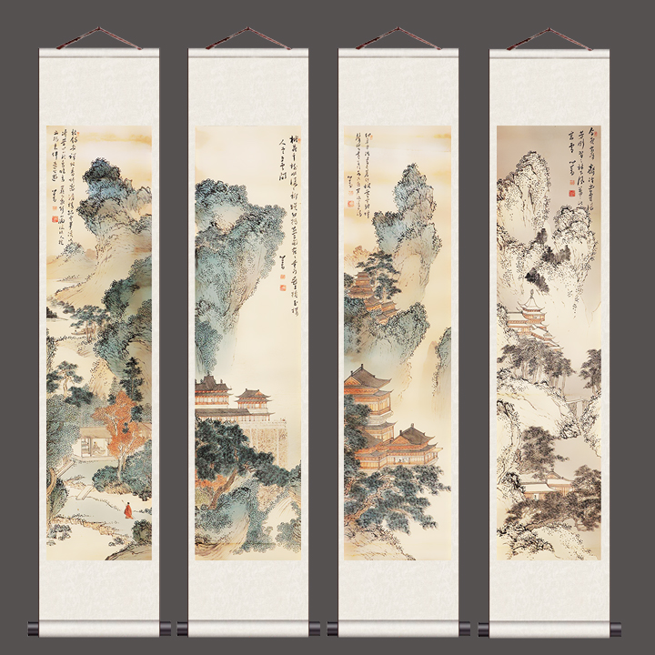 山水楼阁国画四条屏卷轴画丝绸挂画办公室字画风水装饰摆件山水画