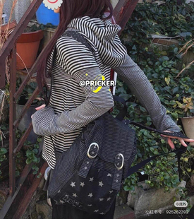 韩国hugyourskin25春复古Y2K波点条纹星星牛仔双肩包学生书包背包