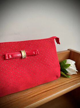 抄底清｜外贸原单喜庆中国红鹿皮绒金色圆点蝴蝶结大容量化妆包