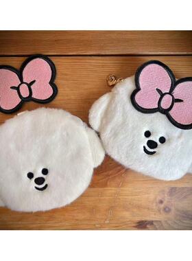 68包邮｜日单日系蝴蝶结可爱白色毛茸小狗造型化妆零钱收纳包