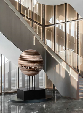 酒店大堂软装实木切片圆球落地摆件玄关美陈艺术装置售楼部装饰品