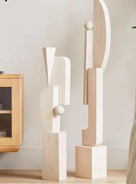 酒店样板间实木抽象几何艺术雕塑家居客厅装饰落地摆件木雕工艺品