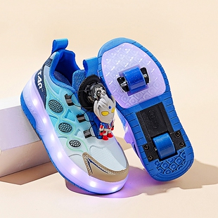 奥特曼儿童暴走鞋男童隐形双轮溜冰鞋夏季运动发光可收滑轮鞋学生