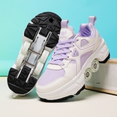 四轮可收缩隐形 一键自动轮子滑轮鞋 女童暴走鞋 变形四轮溜冰飞行鞋