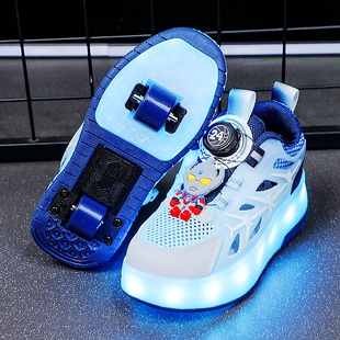 奥特曼男童暴走鞋夏季透气儿童双轮可收缩隐形运动学生发光轮滑鞋