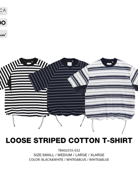 TBALLER 2025新款重磅条纹短袖T恤男潮牌日系落肩拼接抽绳cityboy