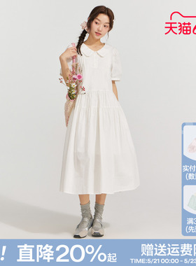 【100%棉】笛莎2026夏新款青少年小白裙翻领小花边白色短袖连衣裙