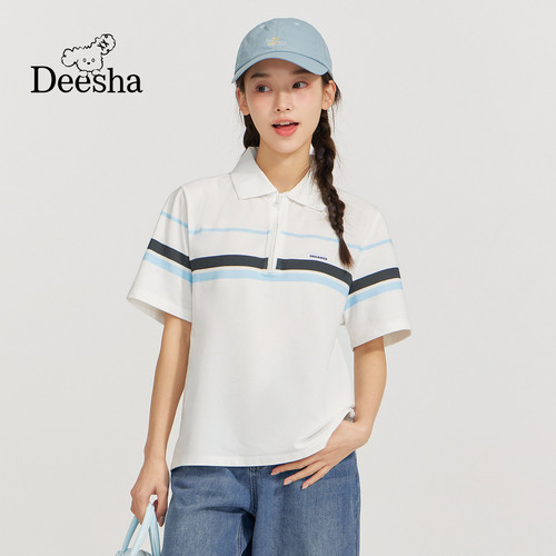 笛莎官旗青少年2026夏新款polo衫翻领学院风条纹短袖上衣棉T恤女