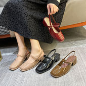 2025新款 女 女粗跟浅口芭蕾舞单鞋 法式 方头交叉扣带玛丽珍鞋