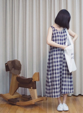 奈己两人出品/ 简约文艺大格子 夏季无袖长裙秋天内搭格子连衣裙