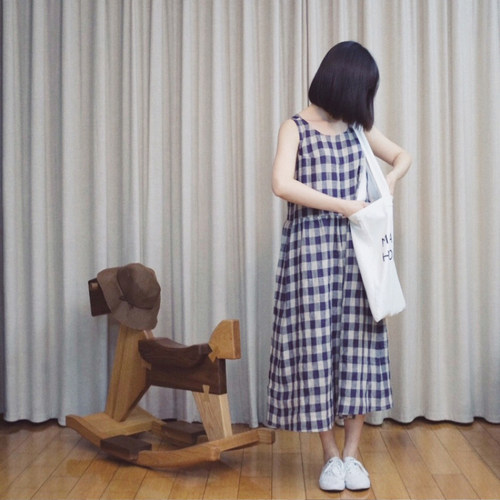 奈己两人出品/ 简约文艺大格子 夏季无袖长裙秋天内搭格子连衣裙