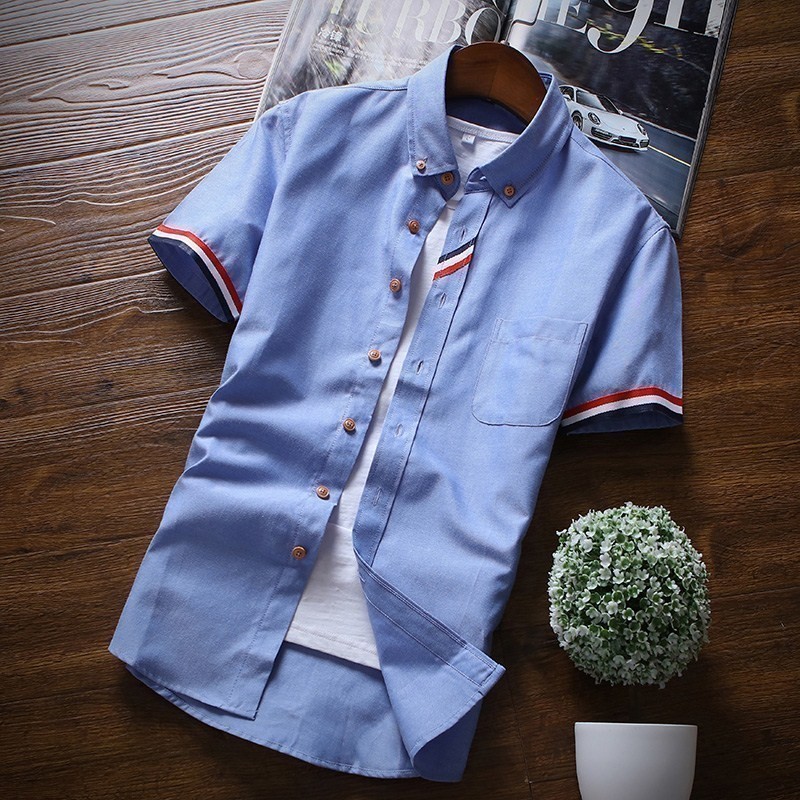 夏季青少年个性短袖衬衫男韩版修身纯棉士休闲潮牌学生春薄款衬衣