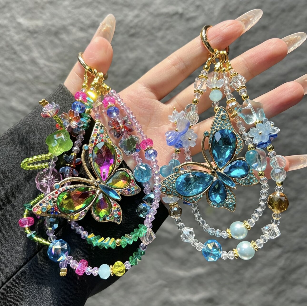 ins重工幻彩水钻蝴蝶吊坠串珠手机链 彩色水晶多层珠钥匙挂饰批发