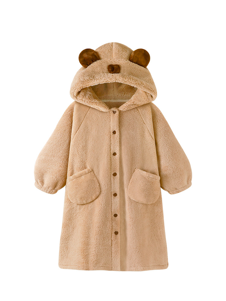 MAILLARD STYLE THICKENED CORAL VELVET PAJAMAS WOMENS AUTUMN AND WINTER WARM CARTOON BEAR BEARS ARE LOOSE AND CAN BE WORN OUTSIDE IN NIGHTGOWNS