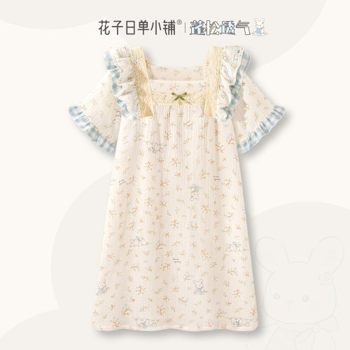 甜美碎花纯棉纱布夏季少女睡裙