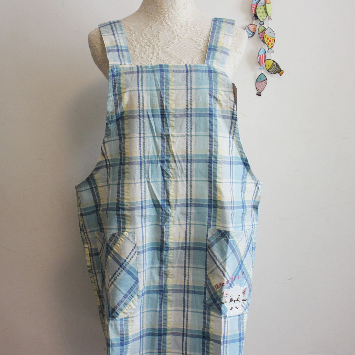 出口日单 45棉布艺混纺 简约可爱大格子+贴布猫咪图案H型无袖围裙