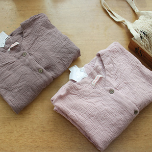 外贸日单 春秋季 软软糯糯的纯棉纱布料小文艺森系净色长袖连衣裙