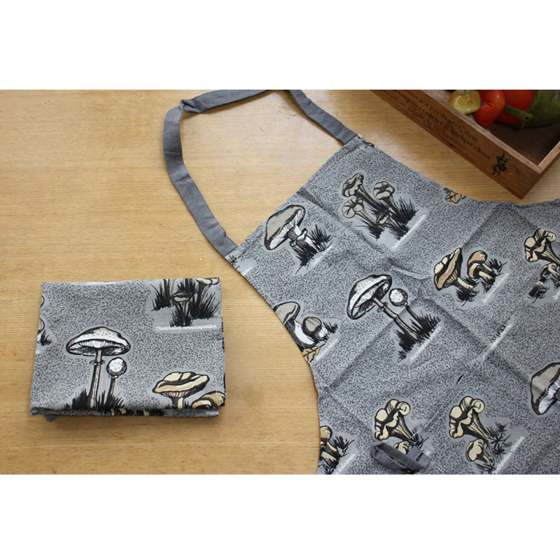 蘑菇，蘑菇丨外贸法单 简约文艺灰色底纯棉布茶巾+挂脖系带围裙