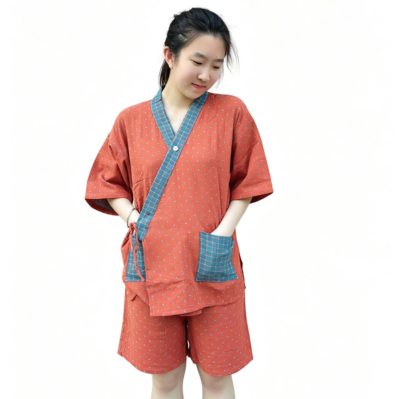 日系复古文艺纯棉纱布中袖+短裤睡衣套装 夏季素雅和风系带家居服