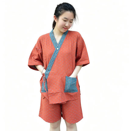 日系复古文艺纯棉纱布中袖+短裤睡衣套装 夏季素雅和风系带家居服