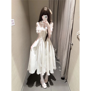 清楚系温柔千金风lolita娃娃领甜美蕾丝露肩优雅白桃微醺连衣裙