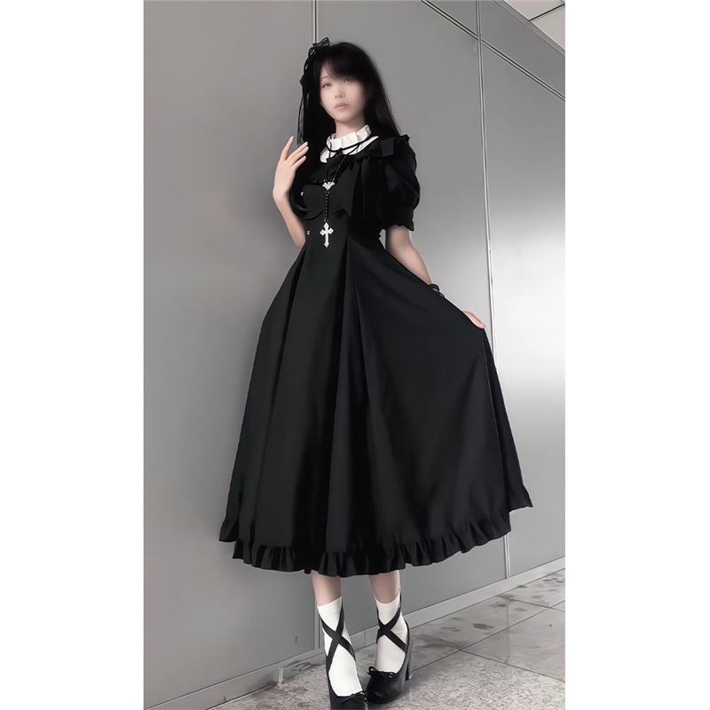 夏季优雅气质小众设计感洛丽塔长裙收腰显瘦lolita黑色连衣裙子女