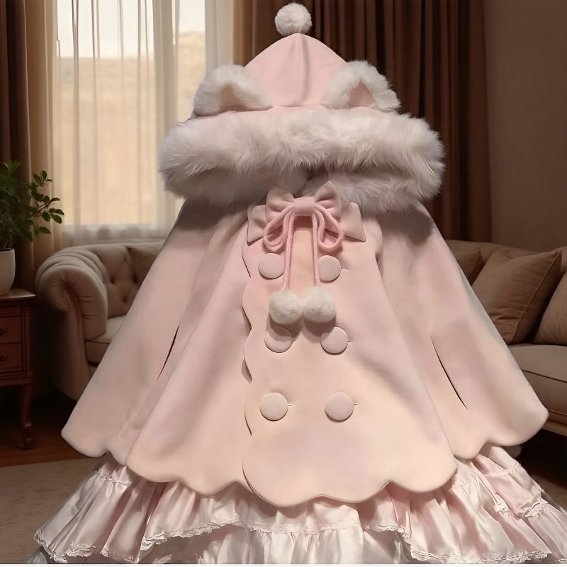 Lolita可爱猫耳毛呢斗篷披风