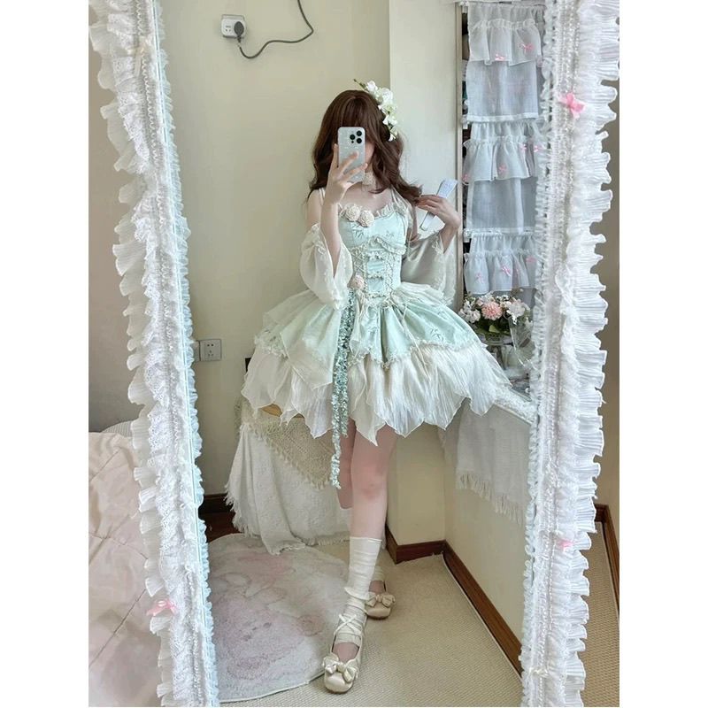 茶竹曲中式竹叶印花洛丽塔公主裙